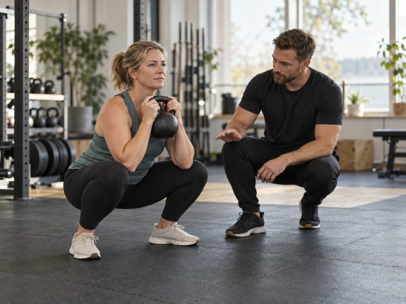 En personlig tränare sitter på huk bredvid sin klient och följer hennes knäböj med kettlebell