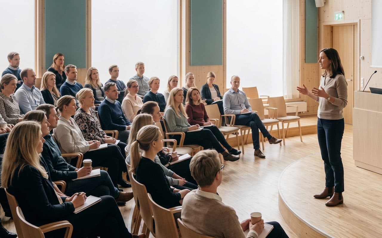 Employees in a bright lecture hall listening to a speaker