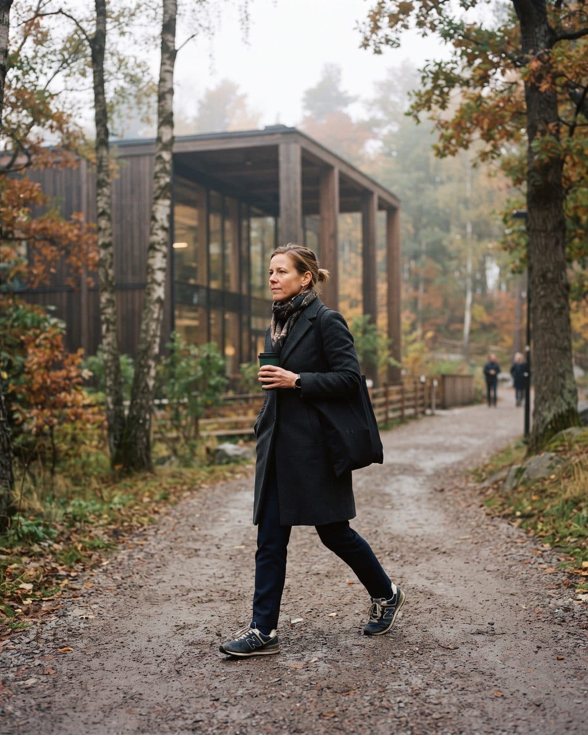 A woman in a coat walking along a tree-lined gravel path on an autumn morning