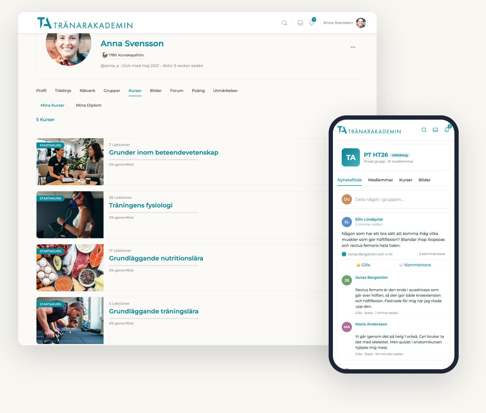 Studieportalen: kursvyn med de fem onlinekurserna på datorn och klassens gruppflöde i mobilen