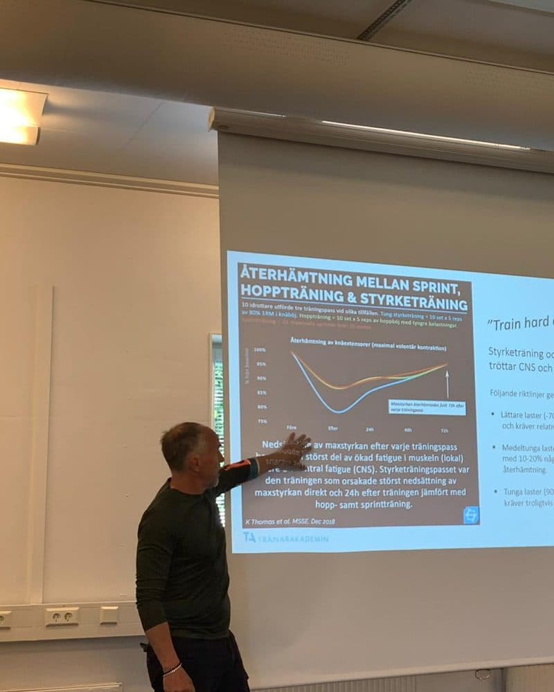 En föreläsare på scen under ett event för tränare
