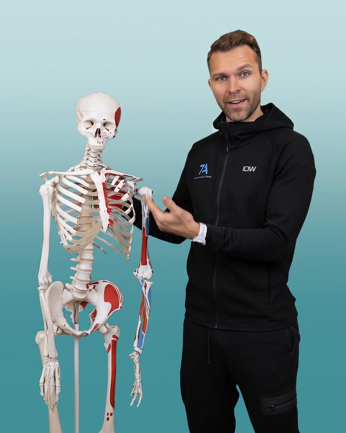 Carl Norell visar muskelfästen på ett skelett i en av kursens videolektioner
