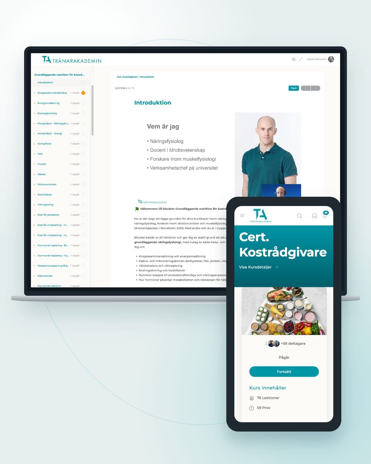 Kostrådgivarutbildningens studieportal på en dator och mobil
