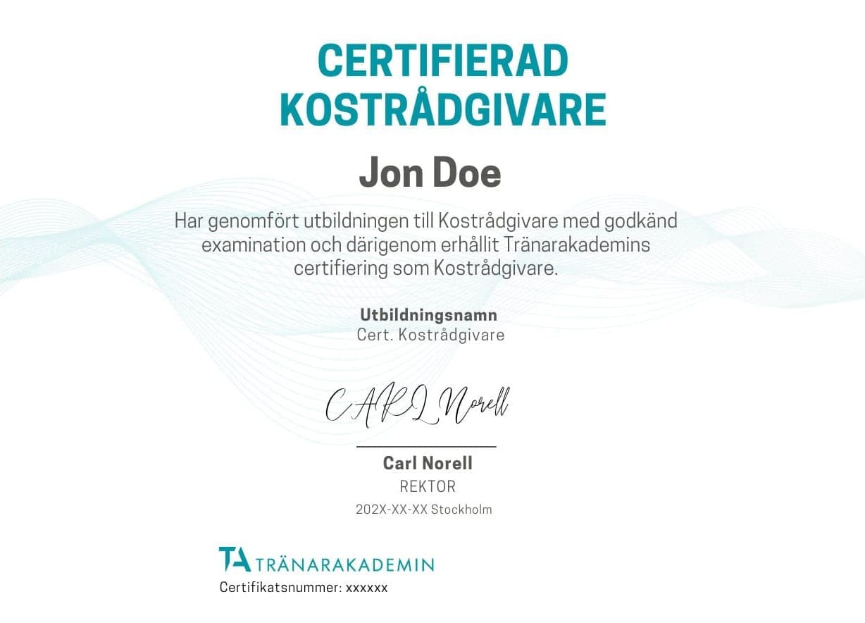 Exempel på certifikatet Certifierad kostrådgivare