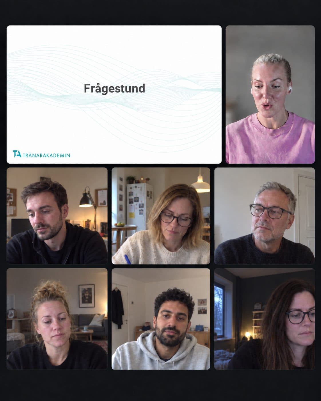 En digital frågestund där läraren delar sin skärm med sex deltagare