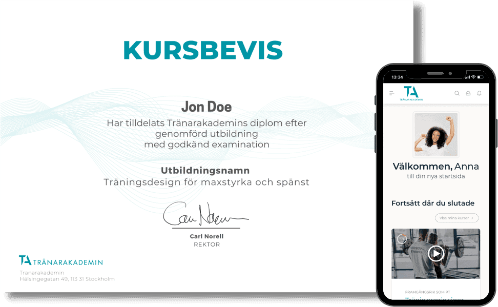 Kursbeviset för Träningsdesign för maxstyrka och spänst, undertecknat av rektor Carl Norell, och studieportalens startsida i en mobil