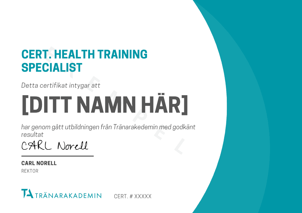 Diplom och certifikat för vår utbildning health training specialist